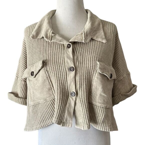 Bucketlist Neutral Cropped Western Coastal Button Front Blouse Crop Shirt Top - Picture 5 of 8